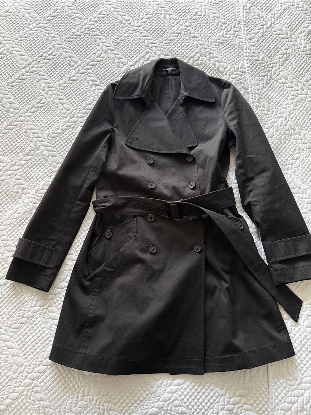 Theory Black Double-Breasted Trench Coat with Belt Sz Medium